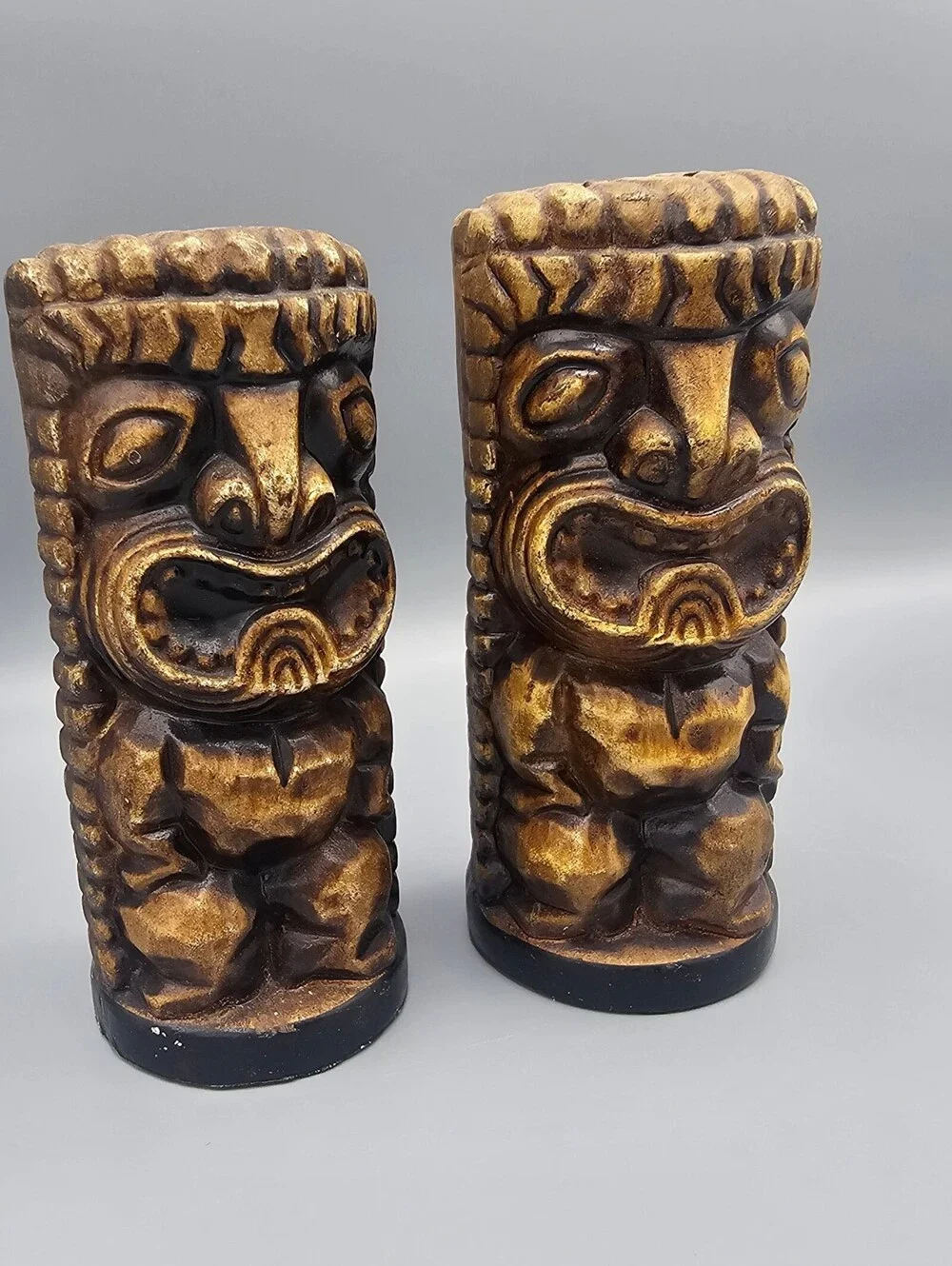 Vintage Carved Wooden Tiki Salt and Pepper Shakers Set